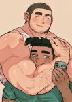  2boys animal_ears bara biceps blush buzz_cut cheek_press dog_ears facial_hair flexing flexing_around_head_(meme) forearms goatee_stubble hairy highres holding holding_phone inuyama_masato_(shan) kumano_daigo_(shan) long_sideburns looking_at_viewer male_focus meme multiple_boys muscular muscular_male original phone photo-referenced selfie shan_(shanshankuo) short_hair sideburns size_difference smile stubble taking_picture thick_arm_hair thick_eyebrows upper_body very_short_hair yaoi 