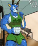  animal_crossing anthro antlers athletic_wear bam_(animal_crossing) blue_body blue_fur bodily_fluids bottomwear bulge clothed clothing deer dialogue digital_media_(artwork) dugdog fur genitals green_bottomwear green_clothing green_topwear gym gym_bottomwear gym_shorts hi_res horn looking_at_viewer male mammal multicolored_body multicolored_fur muscular muscular_male nintendo red_eyes shirt shorts signature smile solo speech_bubble sweat tank_top throbbing throbbing_bulge topwear towel towel_on_shoulder two_tone_body two_tone_fur 
