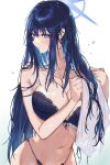  1girl absurdres black_bra black_hair black_panties blue_archive blue_eyes blue_halo blush bra breasts closed_mouth collarbone groin hair_between_eyes halo highres holding holding_towel large_breasts long_hair looking_at_viewer navel noco_(no_coco0) panties saori_(blue_archive) solo towel underwear underwear_only wet wet_hair white_towel 