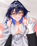  1boy 1girl absurdres bare_shoulders blue_eyes blue_hair blush breasts bridal_veil cleavage detached_sleeves dress gloves hair_intakes hair_ornament highres hololive hololive_english koizumi_arata large_breasts long_hair looking_at_viewer multicolored_hair ouro_kronii smile strapless strapless_dress tiara veil virtual_youtuber wedding_dress white_dress white_gloves 