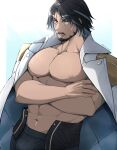  1boy abs bara bare_pectorals beard black_hair bulge crossed_arms facial_hair full_beard highres jacket large_pectorals male_focus mature_male multicolored_hair muscular muscular_male mustache navel nipples open_clothes open_jacket pectorals saund_r_pupu2 scar scar_on_face solo thick_eyebrows upper_body wuthering_waves yhan_(wuthering_waves) 
