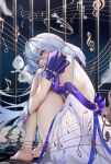  1girl absurdres aqua_eyes bare_shoulders barefoot birdcage blue_hair breasts cage detached_sleeves dress fetal_position gloves hair_between_eyes halo head_wings highres honkai:_star_rail honkai_(series) jewelry long_hair open_mouth robin_(honkai:_star_rail) sky_wbo solo thighs very_long_hair white_dress white_gloves wings 