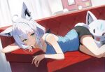  1girl :o animal_ears black_shorts blue_camisole breasts camisole cleavage commentary_request couch curtains fox_ears fox_girl fox_tail green_eyes highres hololive indoors looking_at_viewer lying medium_breasts melreon on_couch on_stomach shirakami_fubuki shorts solo tail thighs virtual_youtuber white_hair 