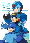  3boys armor black_hair blue_armor blue_bodysuit blue_eyes blue_helmet bodysuit clenched_hand forehead_jewel green_eyes helmet highres looking_at_viewer looking_up male_focus mega_man_(character) mega_man_(classic) mega_man_(series) mega_man_battle_network_(series) mega_man_day mega_man_x_(series) megaman.exe multiple_boys name_connection number_pun open_mouth simple_background smile spiked_hair tobitori v white_background x_(mega_man) 