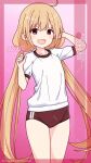  1girl ahoge artist_name blonde_hair brown_buruma brown_eyes buruma character_name commentary_request cowboy_shot flat_chest futaba_anzu gradient_background gym_shirt gym_uniform highres idolmaster idolmaster_cinderella_girls inaba_shiki long_hair looking_at_viewer low_twintails pink_background shirt signature smile solo standing t-shirt twintails white_shirt 