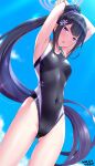  1girl arms_behind_head ass_visible_through_thighs blue_archive blue_sky breasts character_request competition_swimsuit dated day halo highres long_hair looking_at_viewer one-piece_swimsuit purple_eyes purple_hair purple_halo signature sky small_breasts solo swimsuit tsuchimiya very_long_hair 