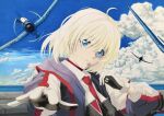  1girl aircraft azur_lane bataan_(azur_lane) blonde_hair blue_eyes blue_sky breasts cloud f4u_corsair gloves highres jacket looking_at_viewer maoze necktie open_clothes open_jacket purple_jacket red_necktie short_hair sky small_breasts solo traditional_media upper_body water white_gloves 