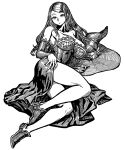  1girl bare_shoulders breasts detached_sleeves dragon&#039;s_crown dress expressionless full_body greyscale hat kahadu_(kawazu) large_breasts legs long_hair looking_at_viewer monochrome simple_background solo sorceress_(dragon&#039;s_crown) thighs unworn_hat unworn_headwear witch witch_hat 