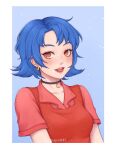  1girl absurdres artist_name black_choker blue_background blue_hair border choker collared_shirt commentary ear_piercing emily_(stardew_valley) english_commentary highres lips looking_at_viewer mugen0017 open_mouth outside_border piercing pink_lips red_eyes red_shirt red_vest shirt short_hair short_sleeves simple_background smile solo stardew_valley teeth upper_teeth_only vest white_border 