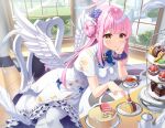  1girl angel_wings black_tea blue_archive blush breasts cake capelet chair closed_mouth crescent crescent_pin cup dress feathered_wings feathers flower food fork fruit hair_bun hair_flower hair_ornament halo highres holding holding_fork indoors large_breasts long_hair lu_b mika_(blue_archive) pantyhose pink_hair pink_halo purple_flower single_side_bun smile solo strawberry swiss_roll tea white_capelet white_dress white_pantyhose white_wings wings yellow_eyes 