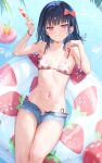  1girl afloat bare_shoulders bikini black_hair blue_shorts blunt_bangs blush bracelet breasts closed_mouth collarbone day denim denim_shorts food food-themed_clothes food-themed_hair_ornament food_print from_above fruit hair_ornament hair_ribbon hairclip highres holding holding_food holding_popsicle ichigo-chan_(mignon) innertube jewelry licking_lips medium_hair midriff mignon navel navel_focus open_clothes open_fly open_shorts original popsicle popsicle_stick red_eyes ribbon shiny_skin short_shorts shorts side-tie_bikini_bottom small_breasts smile solo stomach strawberry strawberry_hair_ornament strawberry_print swim_ring swimsuit tongue tongue_out water wet wet_clothes white_bikini 