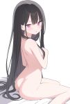  1girl absurdres ass black_hair blunt_bangs blush breasts commentary_request completely_nude highres jyt long_hair looking_at_viewer medium_breasts nude original pink_eyes simple_background sitting solo thighs very_long_hair white_background 