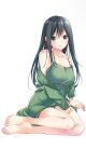  1girl amagami-san_chi_no_enmusubi amagami_yae asymmetrical_bangs barefoot black_hair blush breasts closed_mouth collarbone commentary_request full_body green_nightgown hair_between_eyes highres large_breasts long_hair looking_at_viewer marcey nightgown off-shoulder_shirt off_shoulder polka_dot polka_dot_shirt second-party_source shirt simple_background sitting smile solo straight_hair white_background 