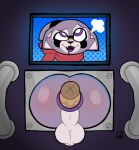  anal anthro anus balls blush blush_lines bodily_fluids butt disembodied_penis drooling duo genitals glory_hole_station indigo_park male male/male mammal penis perineum procyonid puffy_anus raccoon rambley_raccoon saliva screen sex_toy through_wall varmbnuuy 