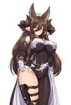  1girl animal_ears bangs barbariank black_dress blush breasts brown_hair closed_eyes cowboy_shot detached_sleeves dress earrings english_commentary extra_ears galleon_(granblue_fantasy) gloves granblue_fantasy groin highres holster horns impossible_clothes jewelry large_breasts long_hair multicolored_hair pelvic_curtain pointy_ears raised_eyebrows simple_background single_earring sleeveless sleeveless_dress solo streaked_hair thigh_holster thighs turtleneck white_background white_gloves 