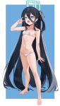  1girl \n/ absurdres aris_(blue_archive) barefoot bikini black_hair blue_archive blue_background blue_eyes breasts full_body hair_between_eyes halo highres long_hair long_hair_between_eyes looking_at_viewer lowleg lowleg_bikini manjie navel open_mouth small_breasts smile solo swimsuit two-tone_background v very_long_hair white_bikini 