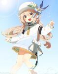  1girl :d blush bow commission dress flower hand_up hat hat_flower highres light_brown_hair long_hair long_sleeves looking_at_viewer mamyouda nail_polish open_mouth orange_eyes orange_nails signature skeb_commission smile solo vrchat water white_bow white_hat 