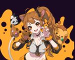  1girl absurdres ahoge animal_ears blush bow breasts brown_eyes brown_hair cat_ears choker cleavage fang hair_bow high_side_ponytail highres large_breasts linea_alba lion_tail long_hair looking_at_viewer midriff multicolored_hair navel open_mouth paw_pose re:act shishigami_leona solo star_on_cheek streaked_hair tail trombe virtual_youtuber 