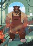  1boy absurdres apron bara beard belly black_sclera blacksmith brown_apron chain chest_hair_peek colored_sclera dark-skinned_male dark_skin demon_horns embers facial_hair facial_mark full_beard full_body furance glowing_hot grin hahasthund highres horns long_beard looking_at_viewer male_focus mature_male multiple_horns muscular muscular_male mustache original plump short_hair smile solo standing straight-on thick_arm_hair thick_beard thick_chest_hair thick_eyebrows thick_mustache tongs 
