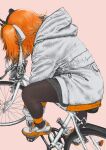  1girl a.i._voice absurdres adachi_rei bicycle brown_pantyhose commentary facing_away from_side full_body gloves hair_ribbon highres hood hood_down hooded_jacket jacket kamefuku leaning_forward long_sleeves medium_hair one_side_up orange_hair pantyhose pink_background ribbon riding riding_bicycle shoes simple_background sneakers solo standing standing_on_one_leg utau white_gloves white_jacket white_ribbon 
