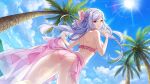  1girl :q alexia_midgar ass back bikini blue_sky bow braid clothes_lift coconut_tree day floating_hair from_behind from_below game_cg grey_hair hair_bow half_up_braid halterneck highres holding_sarong kage_no_jitsuryokusha_ni_naritakute! looking_at_viewer looking_back looking_down non-web_source official_alternate_costume official_alternate_hairstyle outdoors palm_tree pink_bikini pink_bow pink_sarong pointing pointing_at_self red_eyes sarong sarong_lift side_braid sky smile solo standing sun swept_bangs swimsuit teasing tongue tongue_out tree v-shaped_eyebrows 