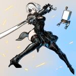  1girl 2b_(nier:automata) black_blindfold black_dress black_footwear blindfold boots breasts cleavage_cutout clothing_cutout dress fighting_stance full_body gloves hairband high_heel_boots high_heels holding holding_sword holding_weapon kahadu_(kawazu) medium_breasts nier:automata nier_(series) pod_(nier:automata) short_hair side_slit solo sparks sword thigh_boots weapon white_hair 