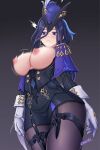  1girl arms_at_sides black_corset blue_cape blue_hair breasts buttons cape clorinde_(genshin_impact) closed_mouth commentary_request corset dangle_earrings dark_background dark_blue_hair earrings elbow_gloves epaulettes fold-over_gloves framed_breasts genshin_impact gloves gradient_background hair_between_eyes hat hat_feather highres jewelry large_breasts long_hair long_hair_between_eyes looking_at_breasts looking_at_viewer low_ponytail motion_blur nipples notice_lines paid_reward_available pencil_skirt purple_eyes signature skirt solo standing thigh_strap tricorne very_long_hair white_gloves zero130 