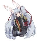  1271181762 1girl altair_(re:creators) animal_ears armband belt black_coat blue_eyes blush chinese_commentary coat commentary_request dot_nose gauntlets gold_trim hair_between_eyes hair_ribbon highres light_smile long_hair looking_at_viewer medium_bangs no_headwear open_mouth rabbit_ears re:creators red_eyes ribbon simple_background solo square_pupils twintails two-tone_eyes upper_body very_long_hair white_background white_hair 
