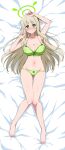  1girl absurdres armpits barefoot bed_sheet blue_archive blush bra breasts cleavage closed_mouth collarbone commission eggman_(pixiv28975023) green_bra green_eyes green_halo green_panties hair_between_eyes halo highres large_breasts light_brown_hair long_hair looking_at_viewer lying navel nonomi_(blue_archive) on_back panties skeb_commission solo toes underwear underwear_only 