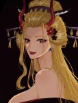  1girl bare_shoulders black_background black_maria_(one_piece) blonde_hair blue_eyes breasts earrings hair_ornament hhzs2587 highres horns jewelry large_breasts long_hair oiran one_piece red_horns red_lips sideboob simple_background solo 