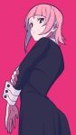  1other androgynous ass black_dress black_eyes blunt_bangs closed_mouth crona_(soul_eater) cuff_links dress from_side highres kashiwa_(iersansi) long_sleeves looking_at_viewer looking_back pink_background pink_hair simple_background solo soul_eater 