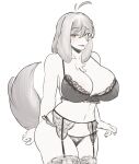  absurd_res anthro big_breasts breasts canid canine clothed clothing female fur hair hi_res legwear lingerie mammal monochrome panties rusal32 simple_background solo stockings tail thigh_highs topwear underwear white_background 