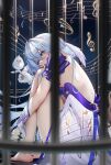 1girl absurdres aqua_eyes bare_shoulders barefoot birdcage blue_hair breasts cage detached_sleeves dress fetal_position gloves hair_between_eyes halo head_wings highres honkai:_star_rail honkai_(series) jewelry long_hair open_mouth robin_(honkai:_star_rail) sky_wbo solo thighs very_long_hair white_dress white_gloves wings 