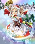  1girl :d alternate_costume bell blonde_hair blue_eyes christmas commission detached_sleeves dress fire_emblem fire_emblem_awakening fur_trim highres holding holding_bell holding_sack kakiko210 lissa_(fire_emblem) looking_at_viewer official_alternate_costume open_mouth rainbow_gradient red_headwear ribbon sack skeb_commission smile snow snowflakes twintails 