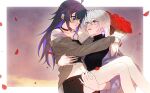  2girls arms_around_neck black_camisole black_hair black_shorts black_sweater blush border bouquet bronya_rand camisole carrying closed_mouth commentary earrings eye_contact falling_petals flower grey_eyes grey_shirt hashtag-only_commentary highres holding holding_bouquet honkai:_star_rail honkai_(series) jewelry long_hair looking_at_another multicolored_hair multiple_girls open_clothes open_mouth open_shirt outdoors outside_border petals princess_carry purple_eyes purple_hair red_flower red_rose ring rose seele_(honkai:_star_rail) shirt shorts smile streaked_hair sunset sweater tpt3p wedding_ring white_border white_hair wife_and_wife yuri 