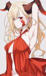  1girl arm_up armpits asymmetrical_bangs bare_shoulders blonde_hair breasts center_opening cosplay dress facial_mark fate/grand_order fate_(series) hair_over_one_eye highres horns large_breasts long_hair looking_at_viewer mati5572 nero_claudius_(fate) pointy_ears queen_draco_(fate) queen_draco_(fate)_(cosplay) queen_draco_(first_ascension)_(fate) queen_draco_(third_ascension)_(fate) red_dress red_eyes solo 