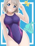  absurdres armpit_crease bare_shoulders blue_eyes breasts brown_hair competition_swimsuit covered_navel highres looking_at_viewer love_live! love_live!_sunshine!! navel one-piece_swimsuit salute short_hair simple_background smile swimsuit thighs watanabe_you zanpon 