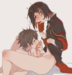  2boys between_thighs blush bottomless brown_eyes brown_hair clothes_lift commentary commentary_request covering_own_mouth eiden_(nu_carnival) erection eyelashes fellatio from_side full-face_blush gloves grey_background hair_between_eyes hand_over_own_mouth heart highres jewelry male_focus multicolored_hair multiple_boys necklace niwa_(niwa827) nu_carnival nude open_mouth oral penis red_gloves red_hair shiny_skin shirt_lift short_hair simple_background sitting streaked_hair sweat topless_male two-tone_hair yakumo_(nu_carnival) yaoi 