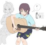  2girls 774_(nanashi_fox4) acoustic_guitar black_shirt blue_shirt bow_hairband brown_hair chord_diagram collared_shirt commentary_request crossed_arms dress ebizuka_tomo girls_band_cry green_eyes guitar hairband holding holding_plectrum instrument iseri_nina looking_at_another multiple_girls plectrum print_skirt shirt short_sleeves short_twintails simple_background sitting skirt sweatdrop thought_bubble twintails white_background 