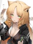  1girl absurdres animal_ears arknights black_jacket breasts cleavage collarbone drill_hair fang green_eyes hat highres jacket long_hair looking_at_viewer medium_breasts no_hat no_headwear open_mouth simple_background solo swire_(arknights) tab_head tail tiger_ears tiger_girl tiger_tail twin_drills white_background 