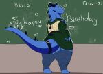  absurd_res anthro birthday chalkboard claws clothing dragon drake_inrelal hi_res horn legwear looking_at_viewer looking_back male mythological_creature mythological_scalie mythology scalie solo spikes spikes_(anatomy) staffkira2891 stockings teacher teacher_clothing thick_thighs 