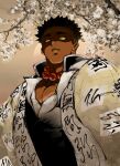  1boy absurdres bara beads black_hair blank_eyes cherry_blossoms dark-skinned_male dark_skin demon_slayer_uniform flower_request highres himejima_gyoumei kimetsu_no_yaiba large_pectorals looking_at_viewer male_focus muscular muscular_male pectoral_cleavage pectorals prayer_beads scar scar_on_face scar_on_forehead shaded_face solo thick_eyebrows upper_body veins veiny_arms yae_(pixiv_25755061) 
