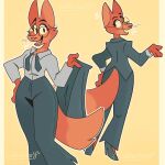  2021 anthro border canid canine clothing diane_foxington dreamworks eyewear female fox fur glasses hi_res looking_at_viewer looking_back luchitapaint mammal open_mouth signature solo suit the_bad_guys white_border 