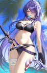  1girl acheron_(honkai:_star_rail) bare_shoulders bikini black_bikini black_gloves blurry blurry_background blush breasts day food food_in_mouth gloves hair_ornament hair_over_one_eye harimoji highres holding holding_sword holding_weapon honkai:_star_rail honkai_(series) katana large_breasts leg_tattoo long_hair navel one_eye_covered outdoors popsicle popsicle_in_mouth purple_eyes purple_hair solo stomach swimsuit sword tattoo thighs water weapon 