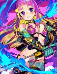  1girl armor bikini_armor blonde_hair blush breasts commentary_request gauntlets gloves green_gloves holding holding_sword holding_weapon large_breasts looking_at_viewer multicolored_hair onono_imoko original pink_hair purple_eyes solo sword thighhighs weapon 