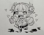  1girl blunt_bangs boku_no_hero_academia chibi commentary_request double_bun gale_kawaii hair_bun heart highres marker_(medium) open_mouth pleated_skirt school_uniform serafuku sketch skirt sleeves_past_fingers sleeves_past_wrists solo sweater toga_himiko traditional_media 