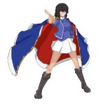  1girl absurdres andou_(girls_und_panzer) bangs bc_freedom_military_uniform black_eyes black_footwear black_hair blue_cape blue_jacket blue_vest boots cape commentary_request dark-skinned_female dark_skin dress_shirt french_commentary girls_und_panzer grin hand_on_hip high_collar highres jacket knee_boots long_sleeves looking_at_viewer medium_hair messy_hair military military_uniform miniskirt mixed-language_commentary partial_commentary pleated_skirt pointing pointing_at_viewer red_cape shibainutank shirt simple_background skirt smile solo standing textless two-sided_cape two-sided_fabric uniform vest white_background white_shirt white_skirt 