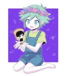  2boys antenna_hair aqua_eyes arms_at_sides barefoot basil_(headspace)_(omori) basil_(omori) black_eyes black_hair black_tank_top blue_flower blue_overalls blue_rose blush border bread bread_slice buttons child closed_mouth colored_skin commentary_request cupping_hands flipped_hair flower flower_wreath food green_shirt grey_hair hair_between_eyes hair_flaps head_wreath highres leaf looking_at_another looking_at_viewer multiple_boys no_pupils no_shoes omori omori_(omori) open_mouth outline outside_border overall_shorts overalls own_hands_together panri pink_flower pink_rose purple_flower rose shirt short_hair short_sleeves shorts sidelocks solo_focus striped_clothes striped_shorts tank_top tears tears_from_one_eye vertical-striped_clothes vertical-striped_shorts white_border white_outline white_shorts white_skin 