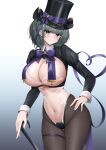  1girl :3 absurdres aqua_eyes azur_lane black_hat black_pantyhose blush bow bowtie breast_curtains breasts cane cheshire_(azur_lane) cheshire_(the_cat_in_the_magic_hat)_(azur_lane) closed_mouth cowboy_shot gradient_background green_hair hand_on_own_hip hat highres large_breasts long_sleeves looking_at_viewer official_alternate_costume pantyhose purple_bow purple_bowtie see-through see-through_legwear short_hair sideboob simple_background smile solo thigh_strap thighs top_hat ueyama_0clock 