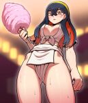  1girl alternate_costume black_hair blurry blurry_background blush breasts carmine_(pokemon) closed_mouth commentary_request cotton_candy crossed_bangs eyelashes food from_below fundoshi hair_between_eyes highres holding japanese_clothes long_hair looking_down mole mole_under_eye multicolored_hair nutkingcall pokemon pokemon_sv red_hair shiny_skin shirt short_sleeves solo sweat tied_shirt two-tone_hair white_shirt yellow_eyes 